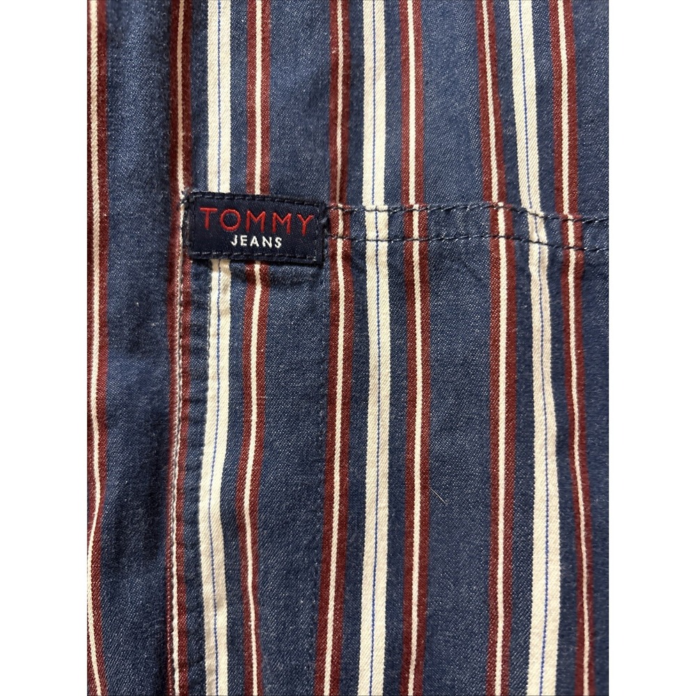 Tommy jeans long sleeve button-down blue white maroon stripe large 100% cotton - Picture 2 of 6